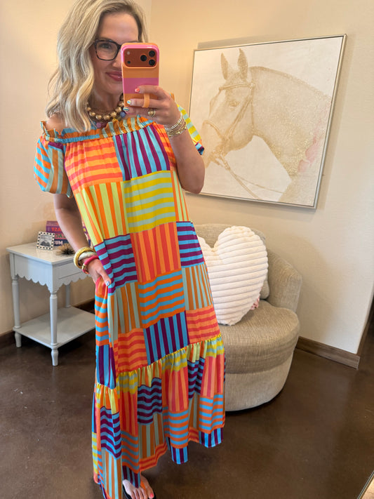 Adrienne Clarise Off Shoulder Bubble Sleeve Maxi Dress with Lining