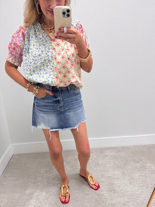 Floral and Bow Prints Mixed Puff Sleeve Top