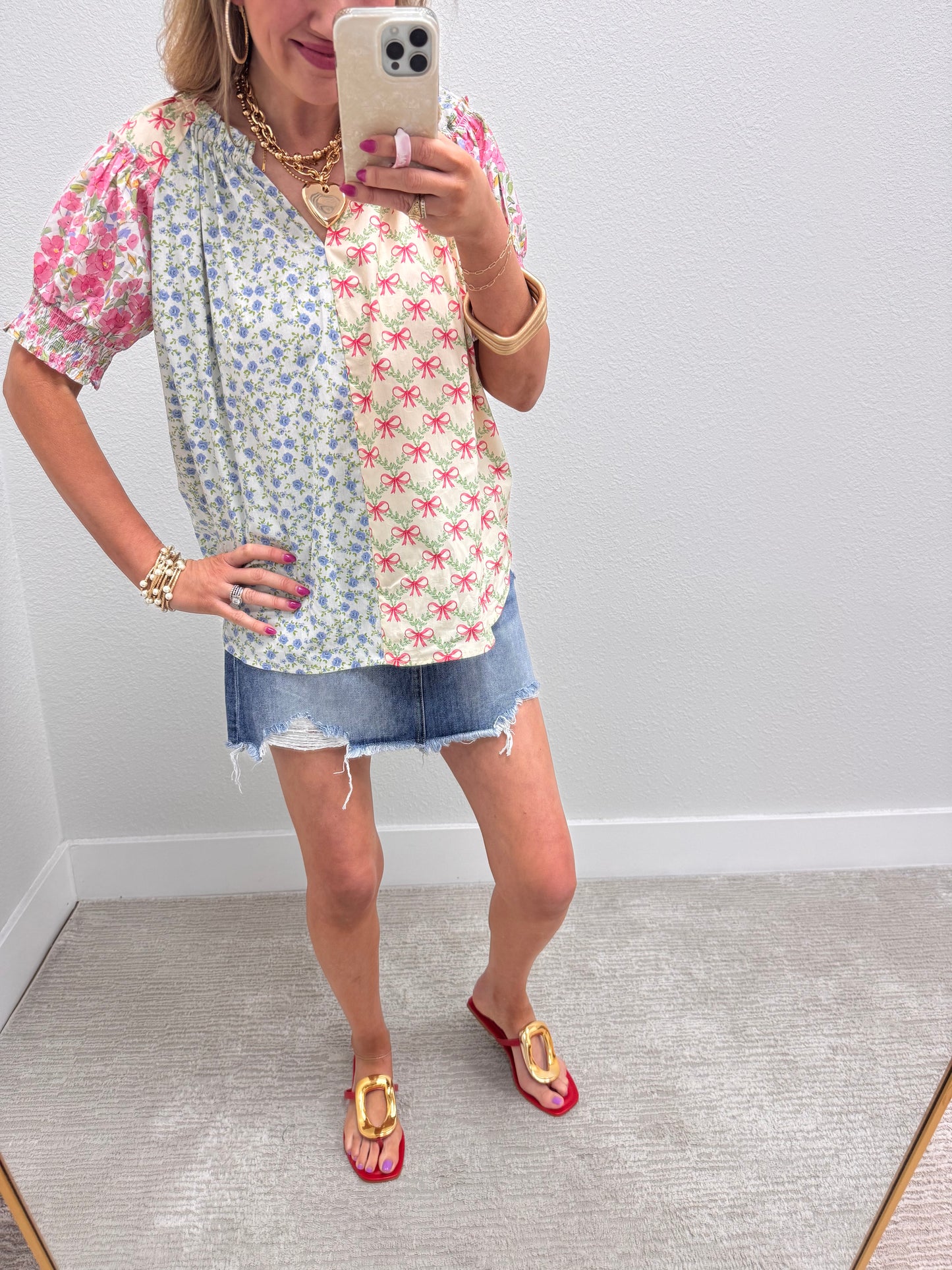 Floral and Bow Prints Mixed Puff Sleeve Top