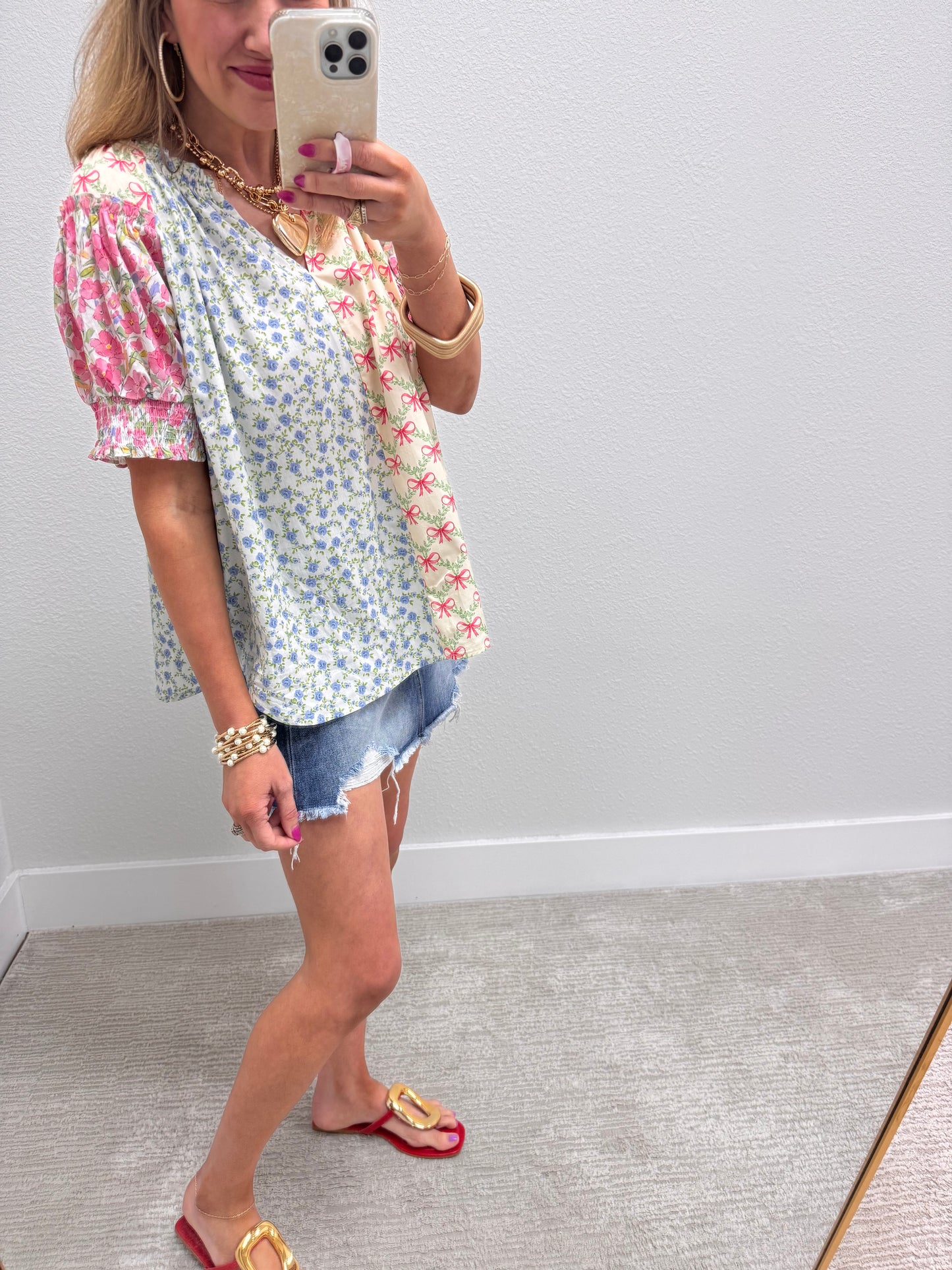 Floral and Bow Prints Mixed Puff Sleeve Top