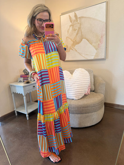 Adrienne Clarise Off Shoulder Bubble Sleeve Maxi Dress with Lining