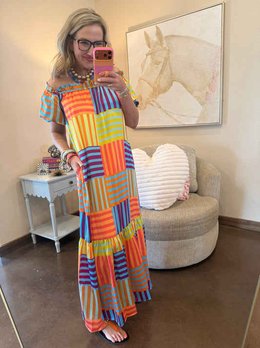 Adrienne Clarise Off Shoulder Bubble Sleeve Maxi Dress with Lining