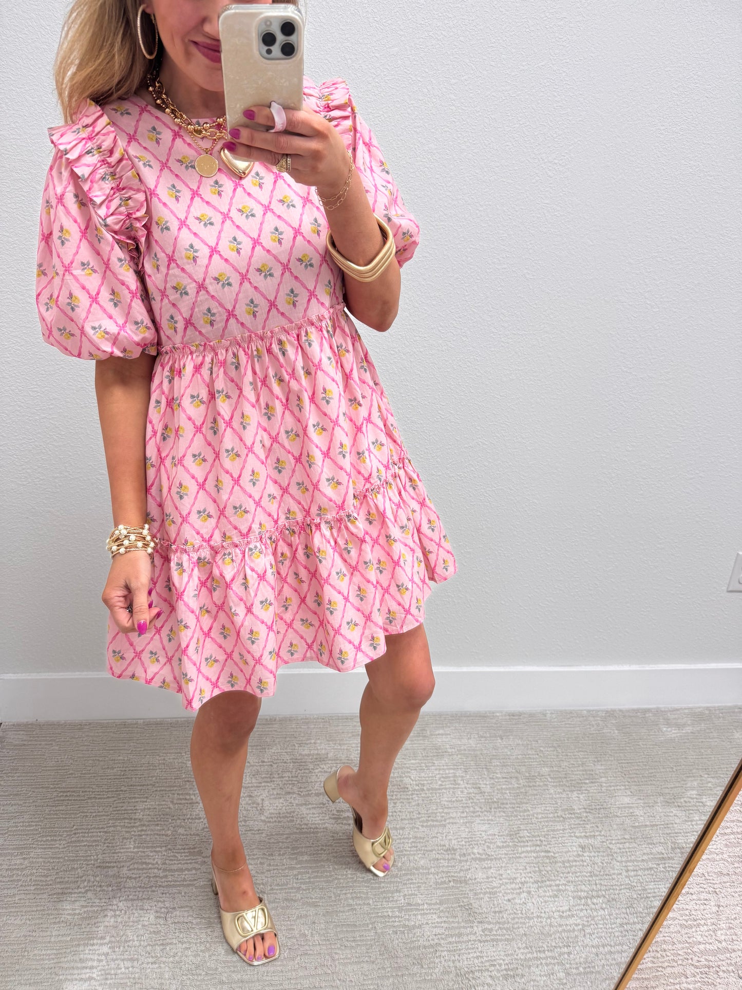 Pink Round Neck Mini Dress with Ruffle Details