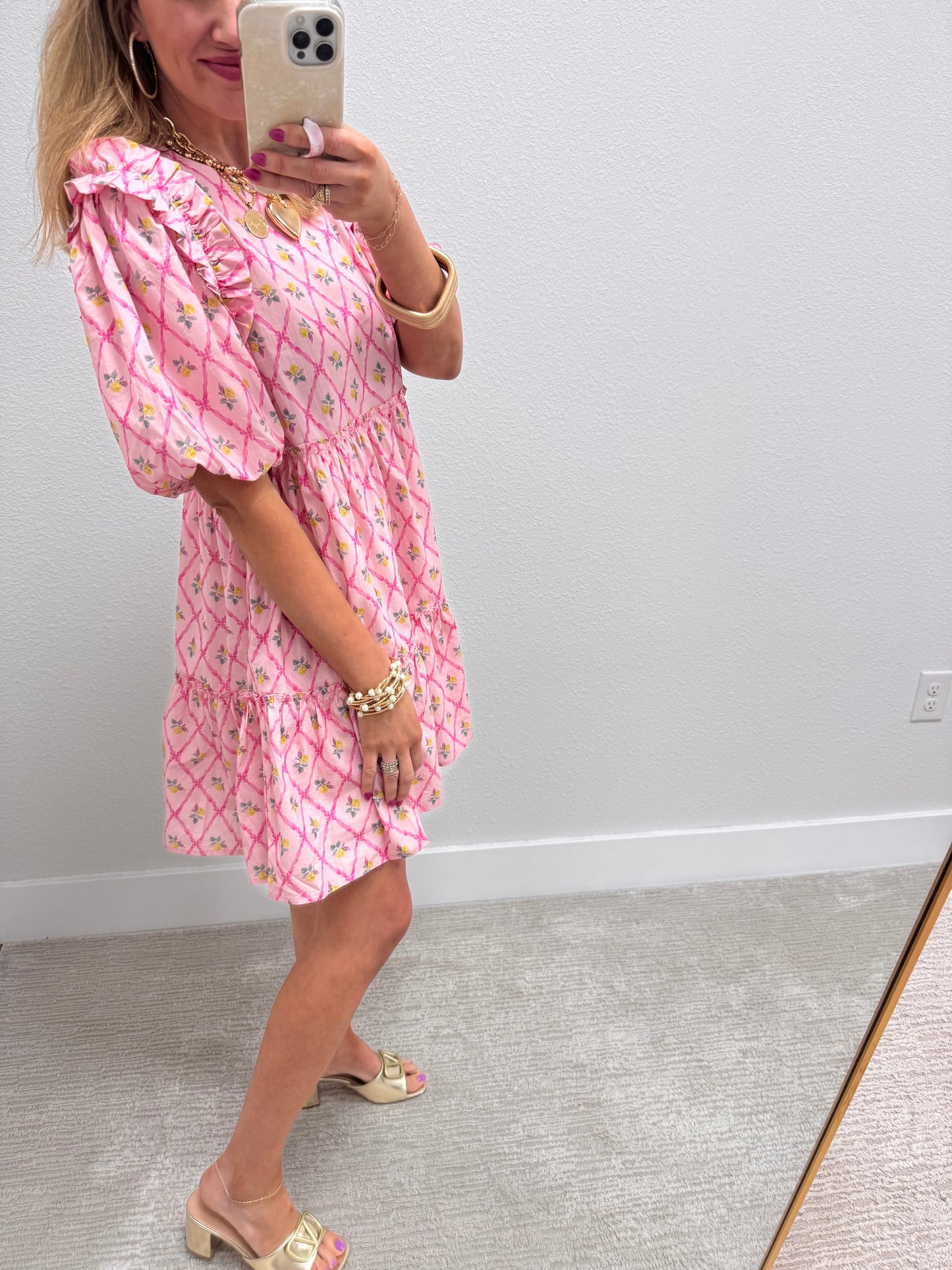 Pink Round Neck Mini Dress with Ruffle Details