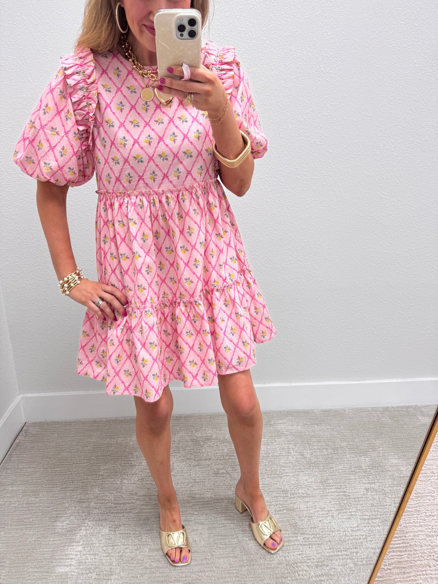 Pink Round Neck Mini Dress with Ruffle Details