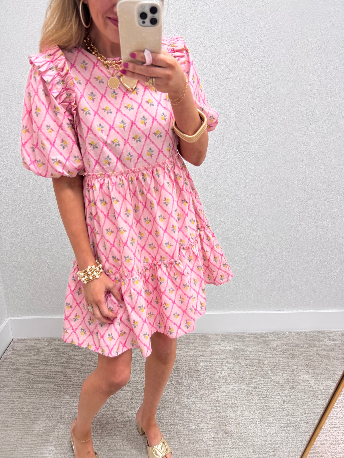 Pink Round Neck Mini Dress with Ruffle Details