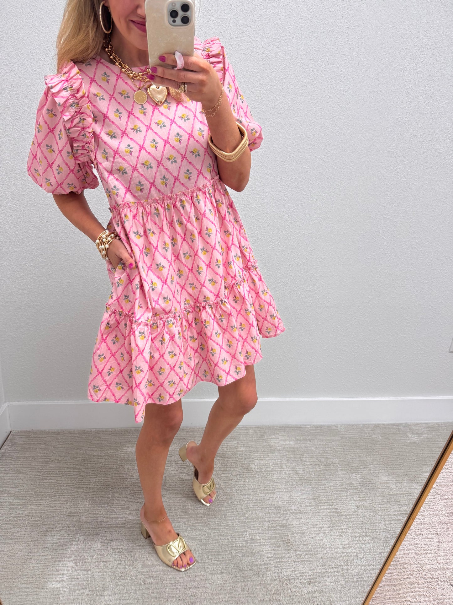 Pink Round Neck Mini Dress with Ruffle Details