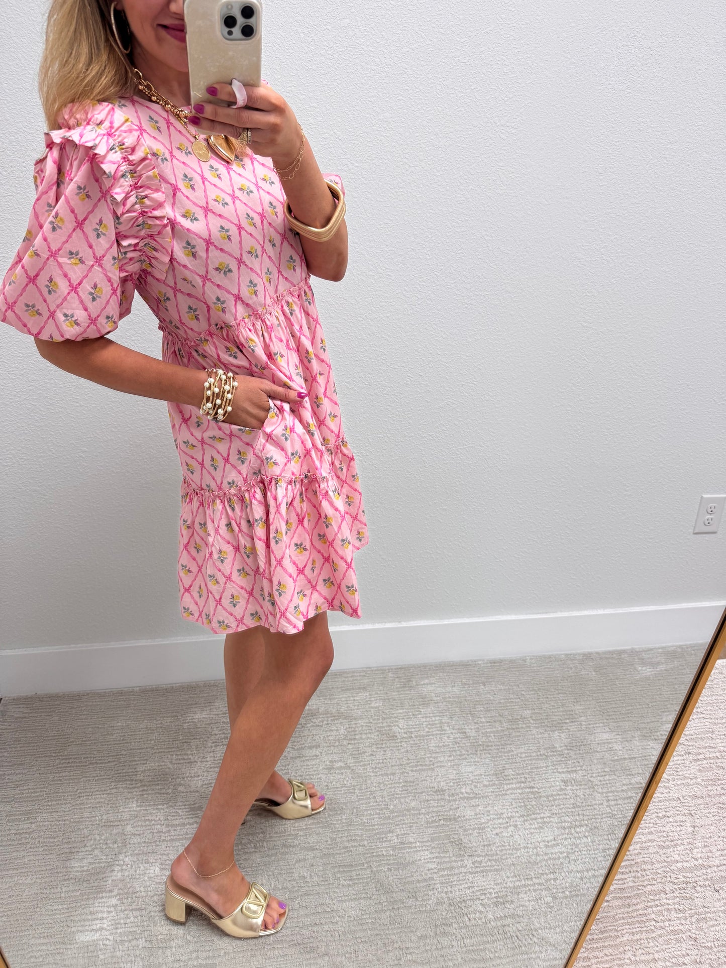 Pink Round Neck Mini Dress with Ruffle Details