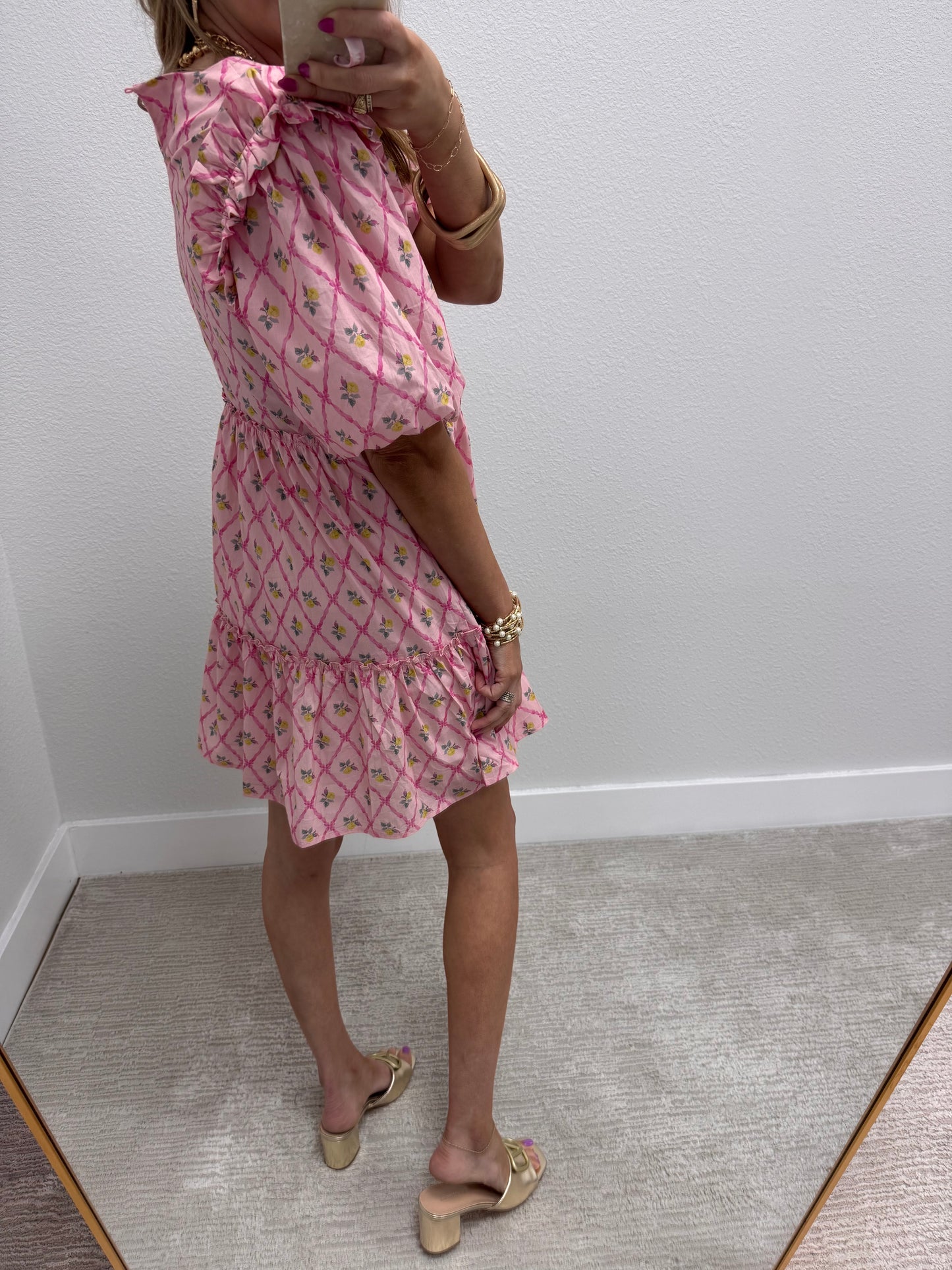 Pink Round Neck Mini Dress with Ruffle Details
