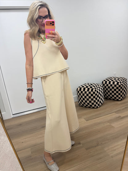 Beige Scuba Contrast Stitch Crop Tank & Wide-Leg Pants Set