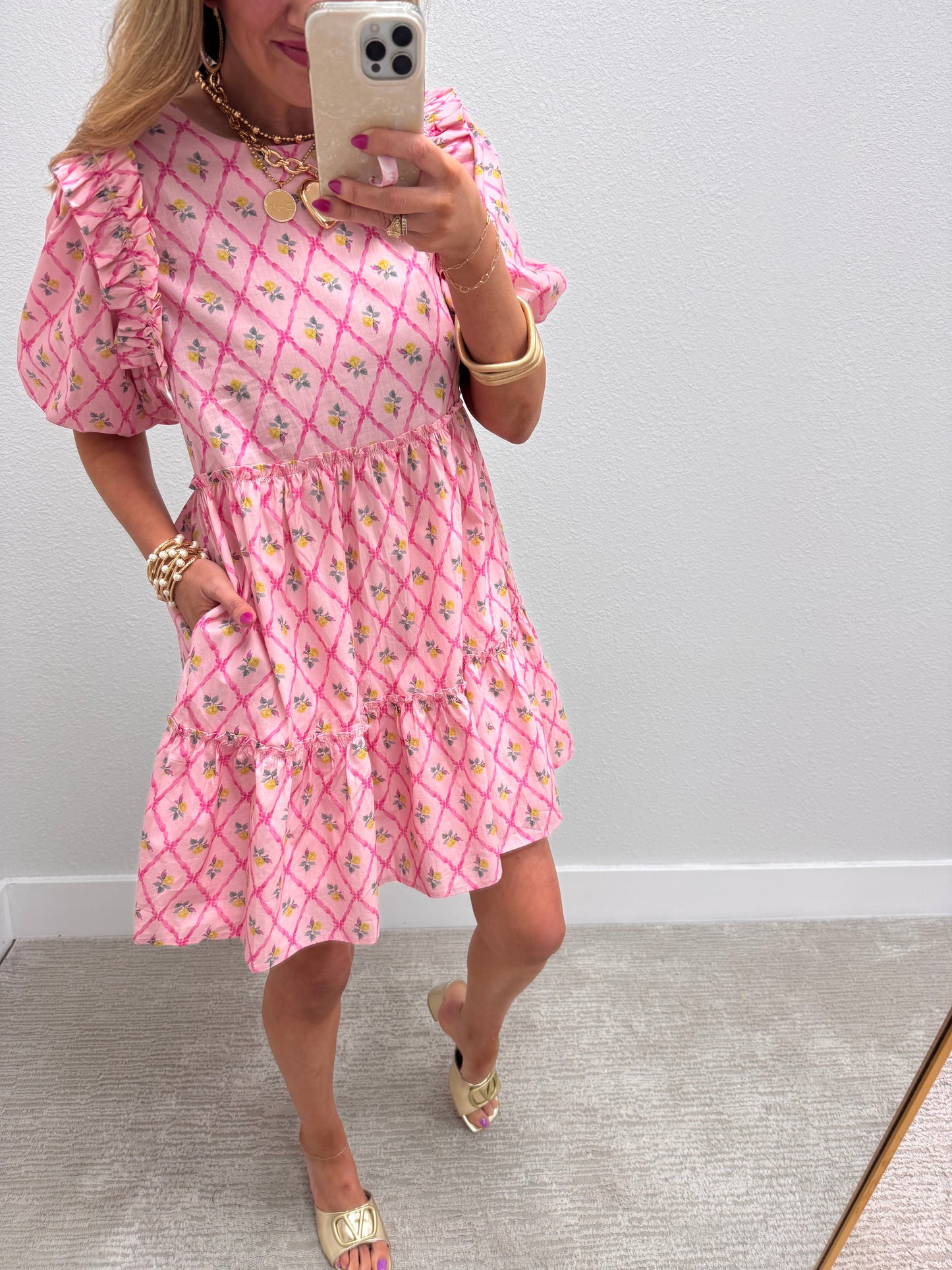 Pink Round Neck Mini Dress with Ruffle Details