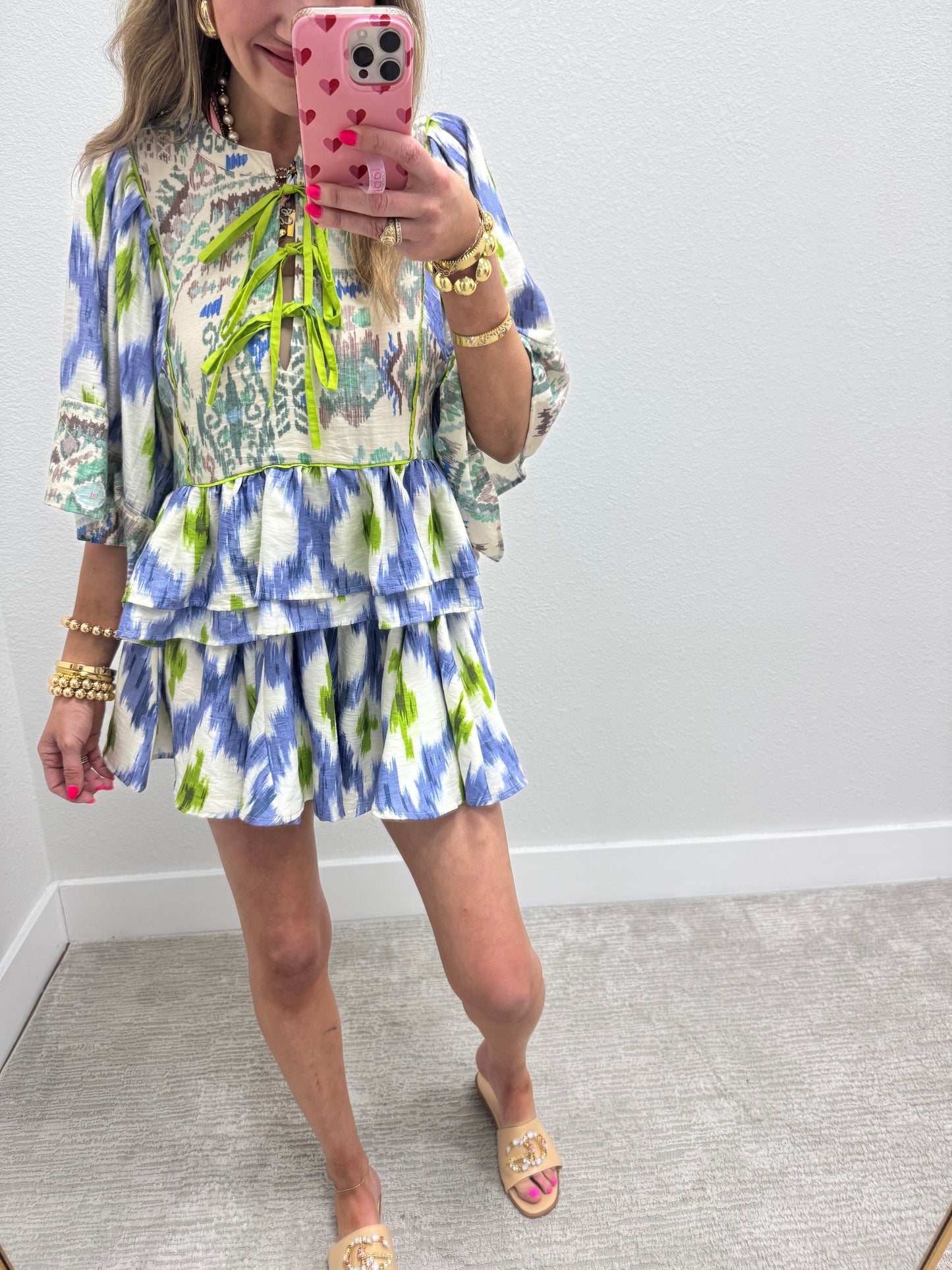 Blue and Green Front Tie Two Piece Short Set