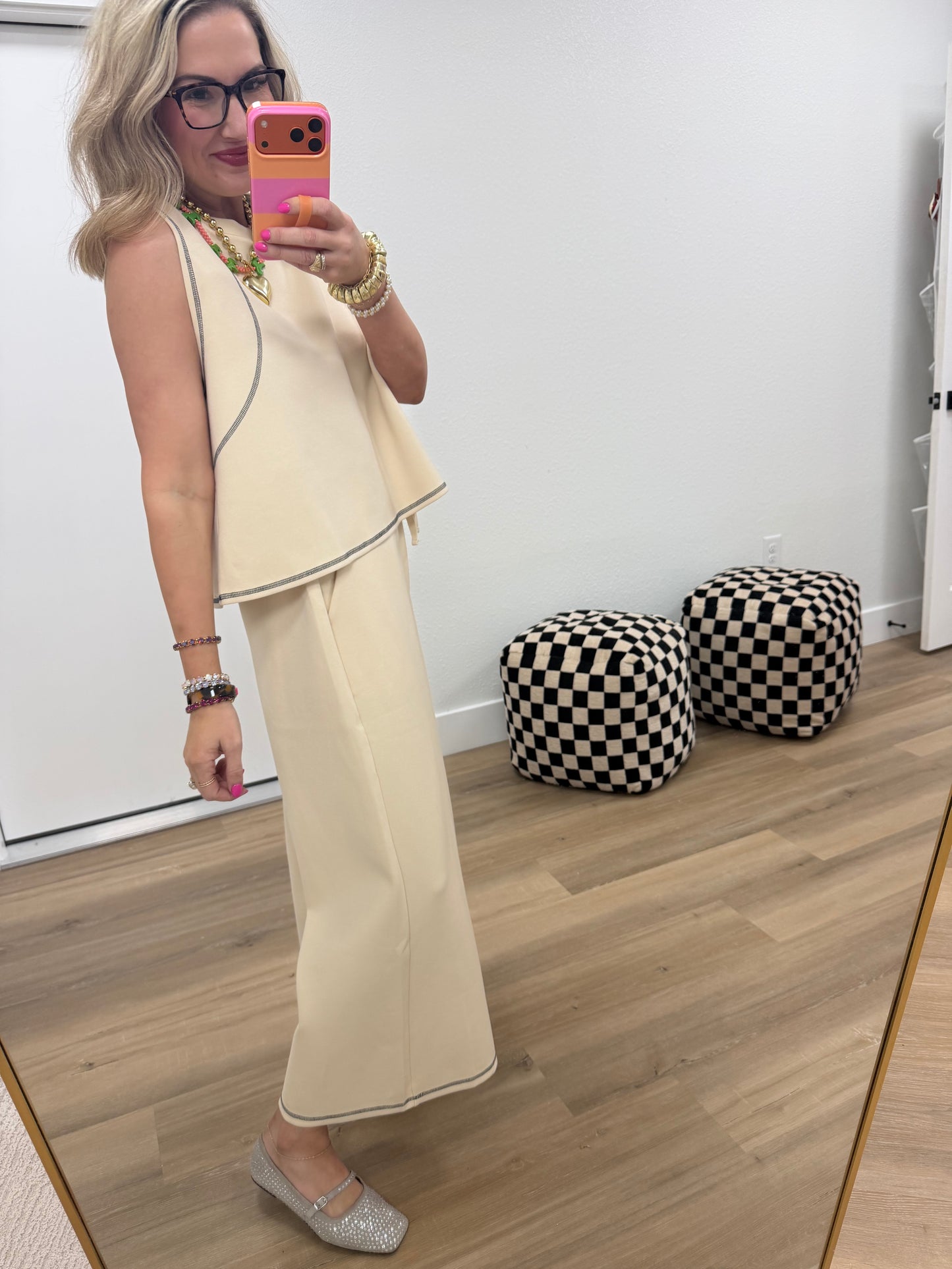 Beige Scuba Contrast Stitch Crop Tank & Wide-Leg Pants Set