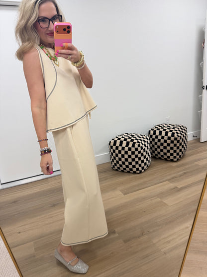 Beige Scuba Contrast Stitch Crop Tank & Wide-Leg Pants Set