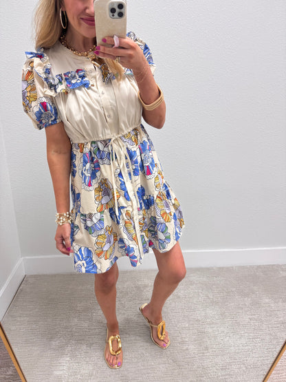 Blue Mix Mandarin Neck Button Up Mini Dress