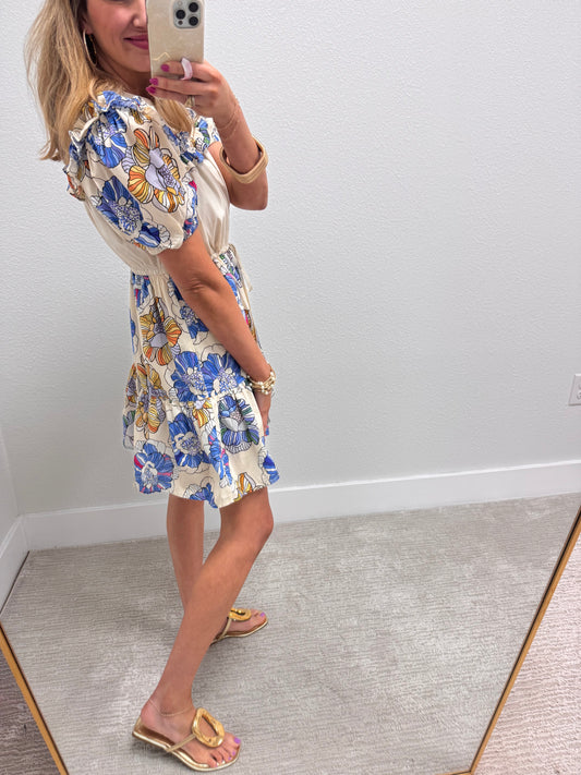 Blue Mix Mandarin Neck Button Up Mini Dress