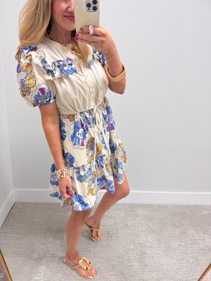 Blue Mix Mandarin Neck Button Up Mini Dress