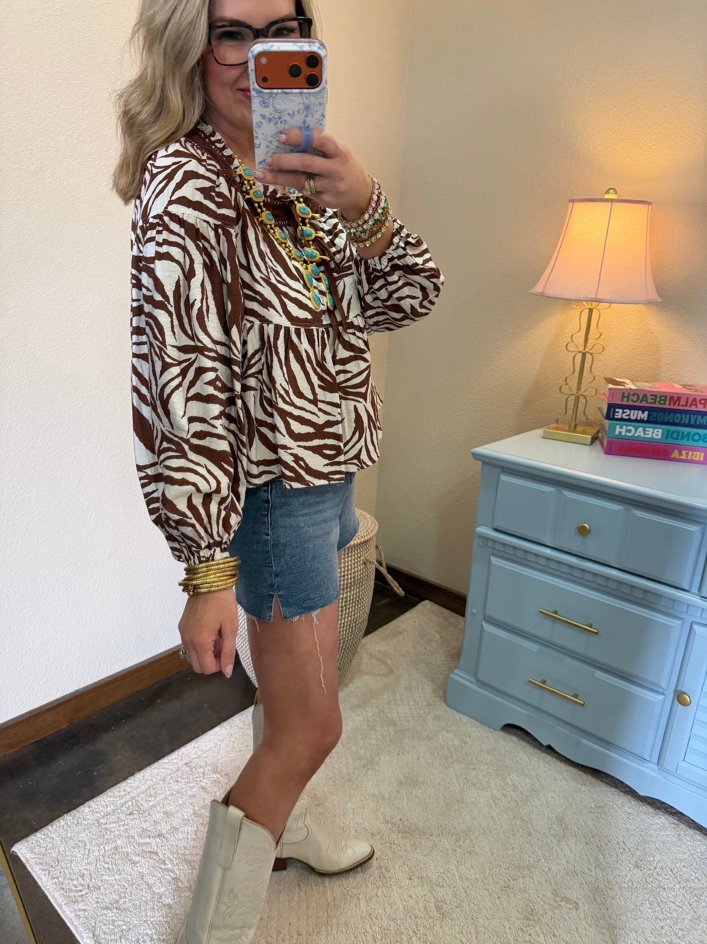 Mocha Zebra Tie Front Top