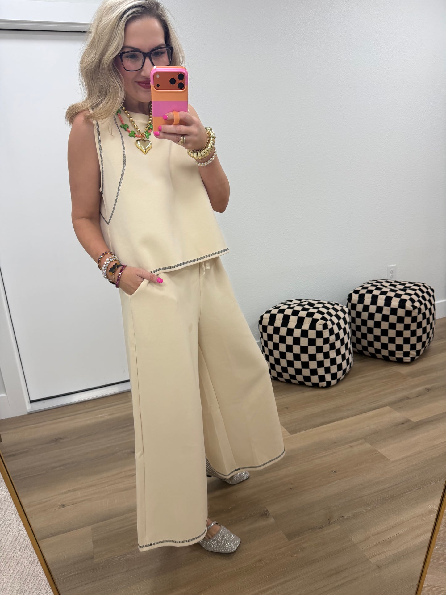 Beige Scuba Contrast Stitch Crop Tank & Wide-Leg Pants Set