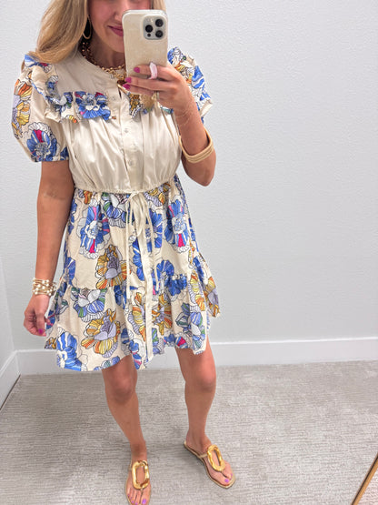 Blue Mix Mandarin Neck Button Up Mini Dress