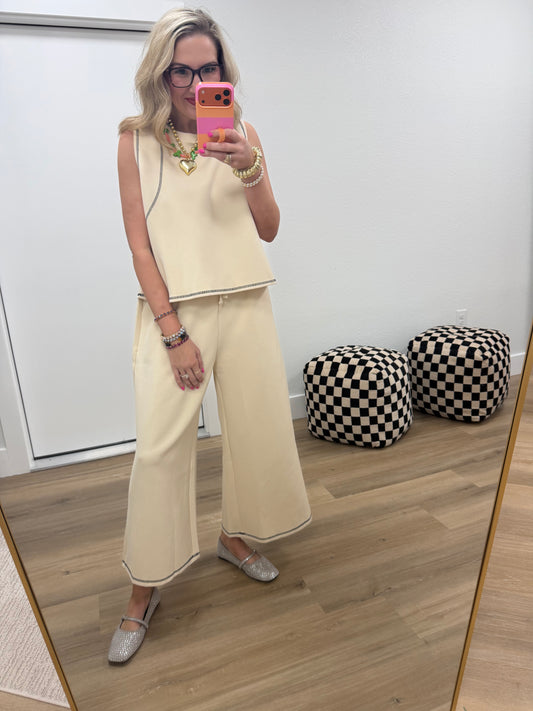 Beige Scuba Contrast Stitch Crop Tank & Wide-Leg Pants Set