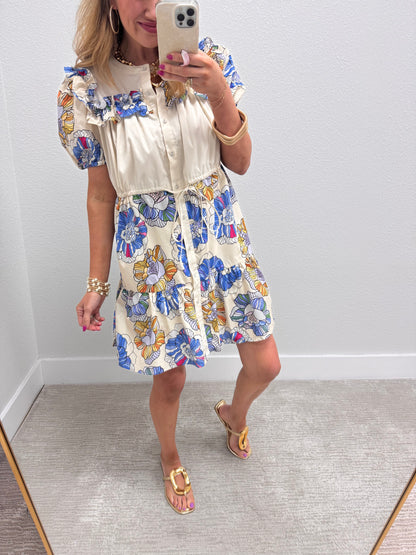 Blue Mix Mandarin Neck Button Up Mini Dress