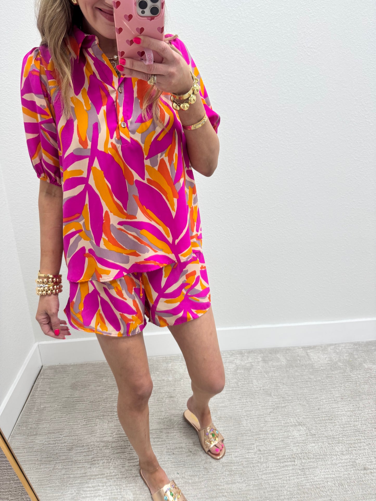 Pink and Orange Printed Two Piece Short Set