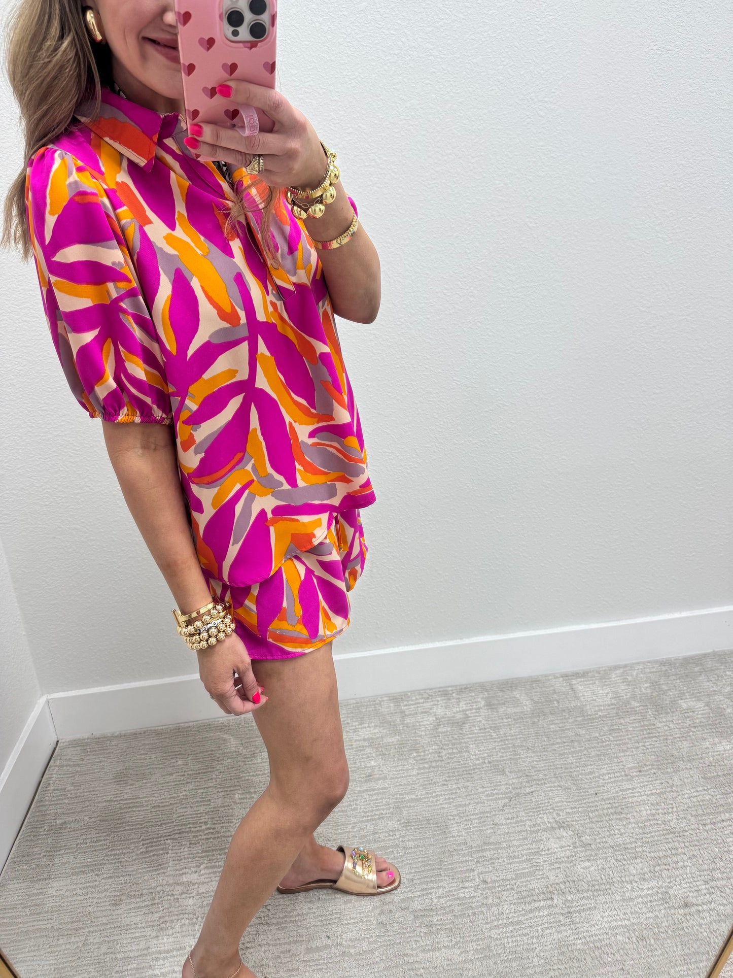 Pink and Orange Printed Two Piece Short Set