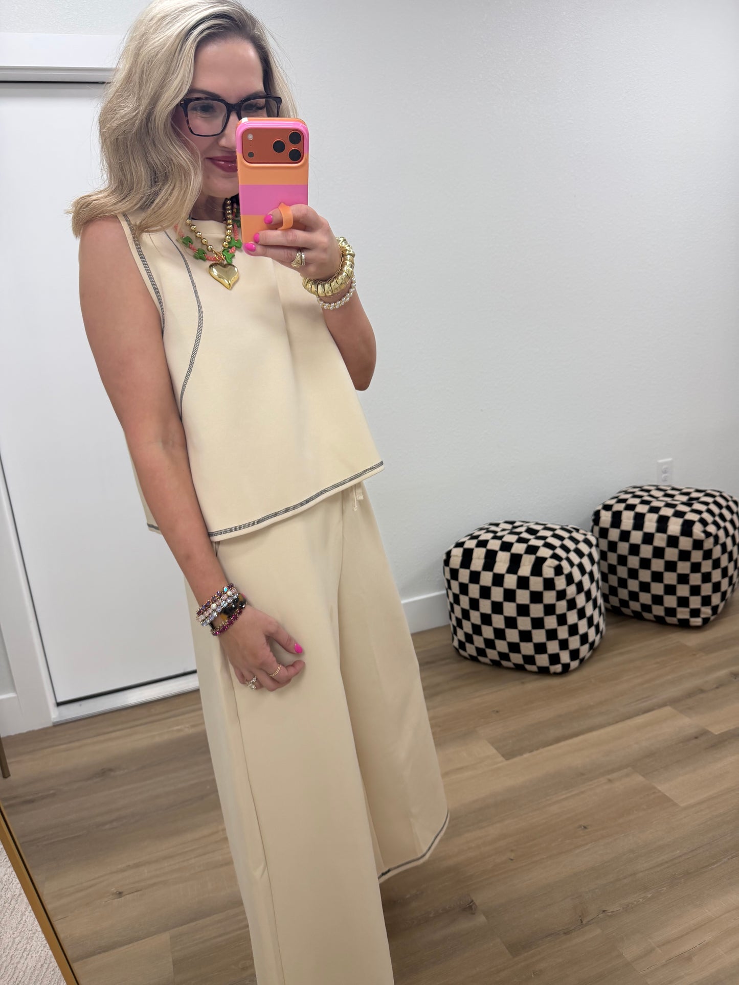 Beige Scuba Contrast Stitch Crop Tank & Wide-Leg Pants Set