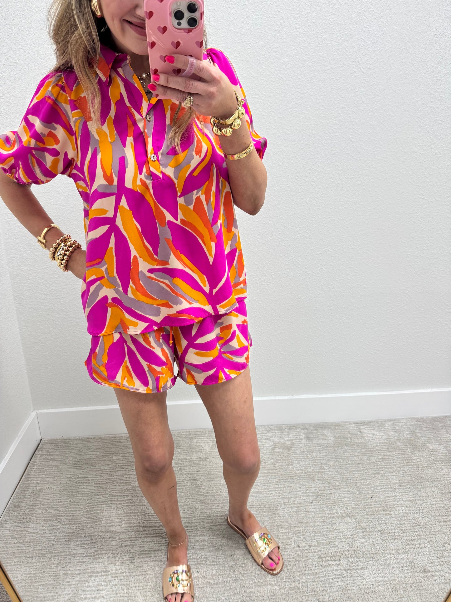 Pink and Orange Printed Two Piece Short Set
