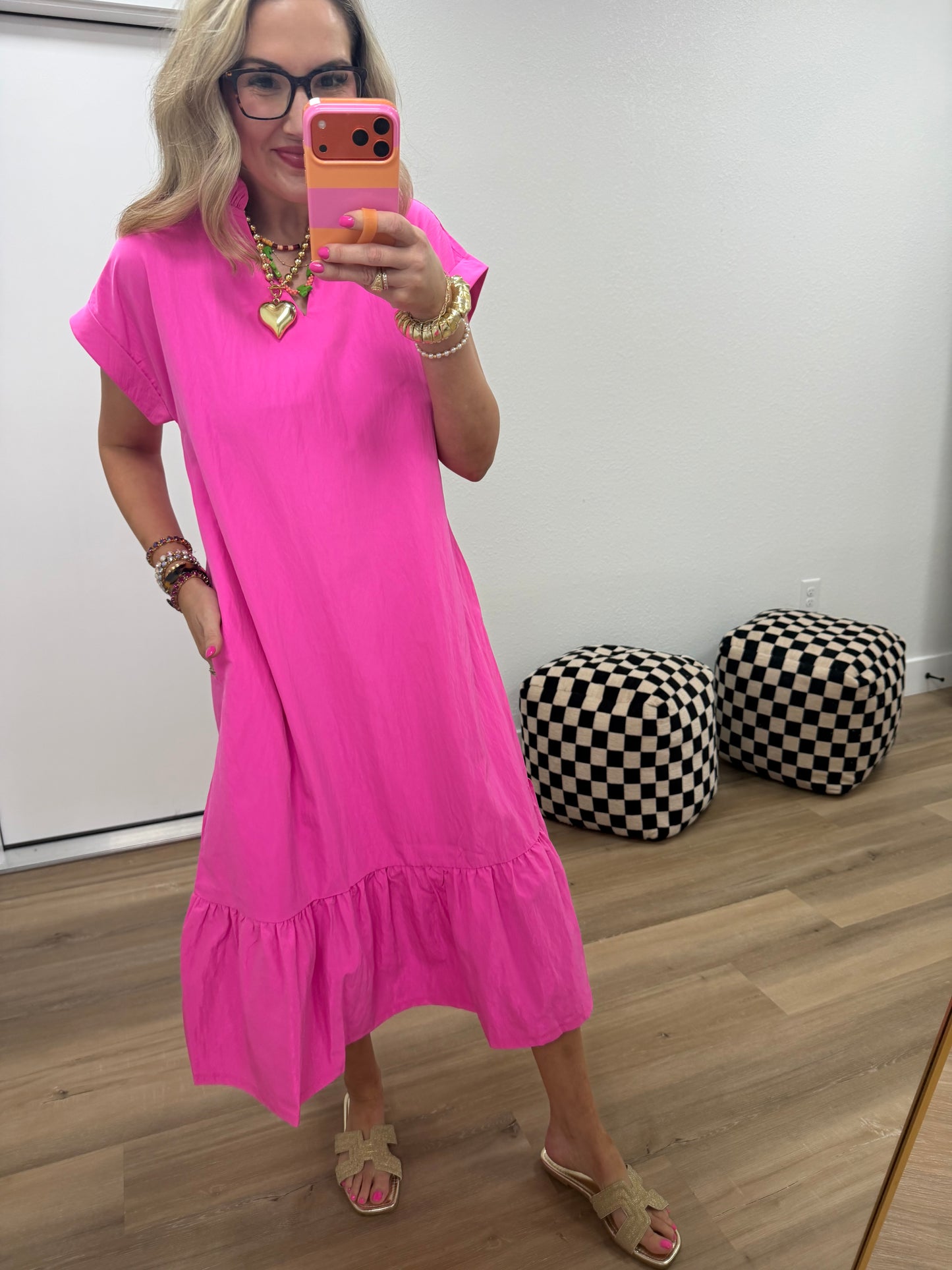 Hot Pink Ruffle Neck Cuff Sleeve Midi Dress