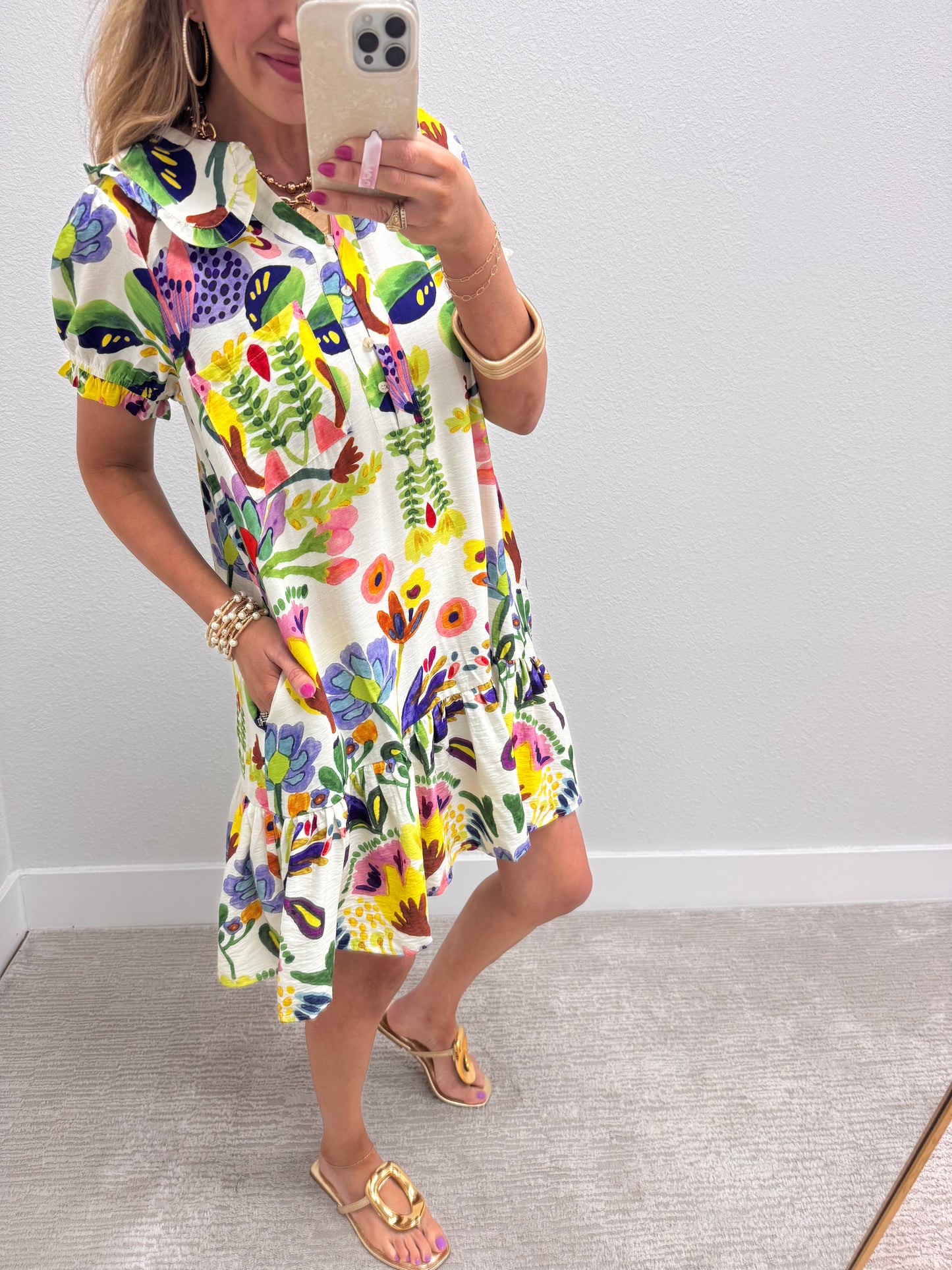 Cream Multi Peter Pan Collar Printed Dress