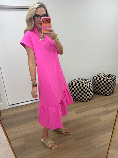 Hot Pink Ruffle Neck Cuff Sleeve Midi Dress