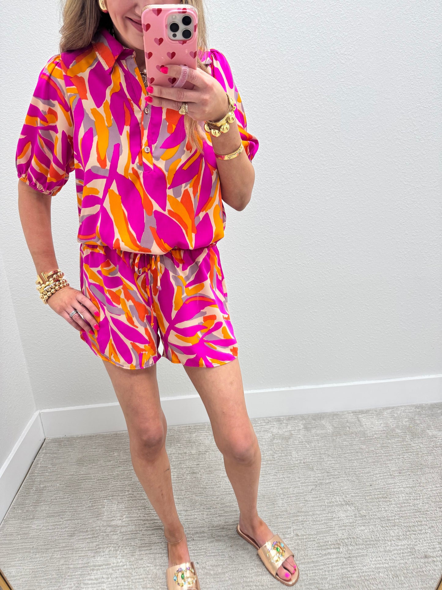 Pink and Orange Printed Two Piece Short Set