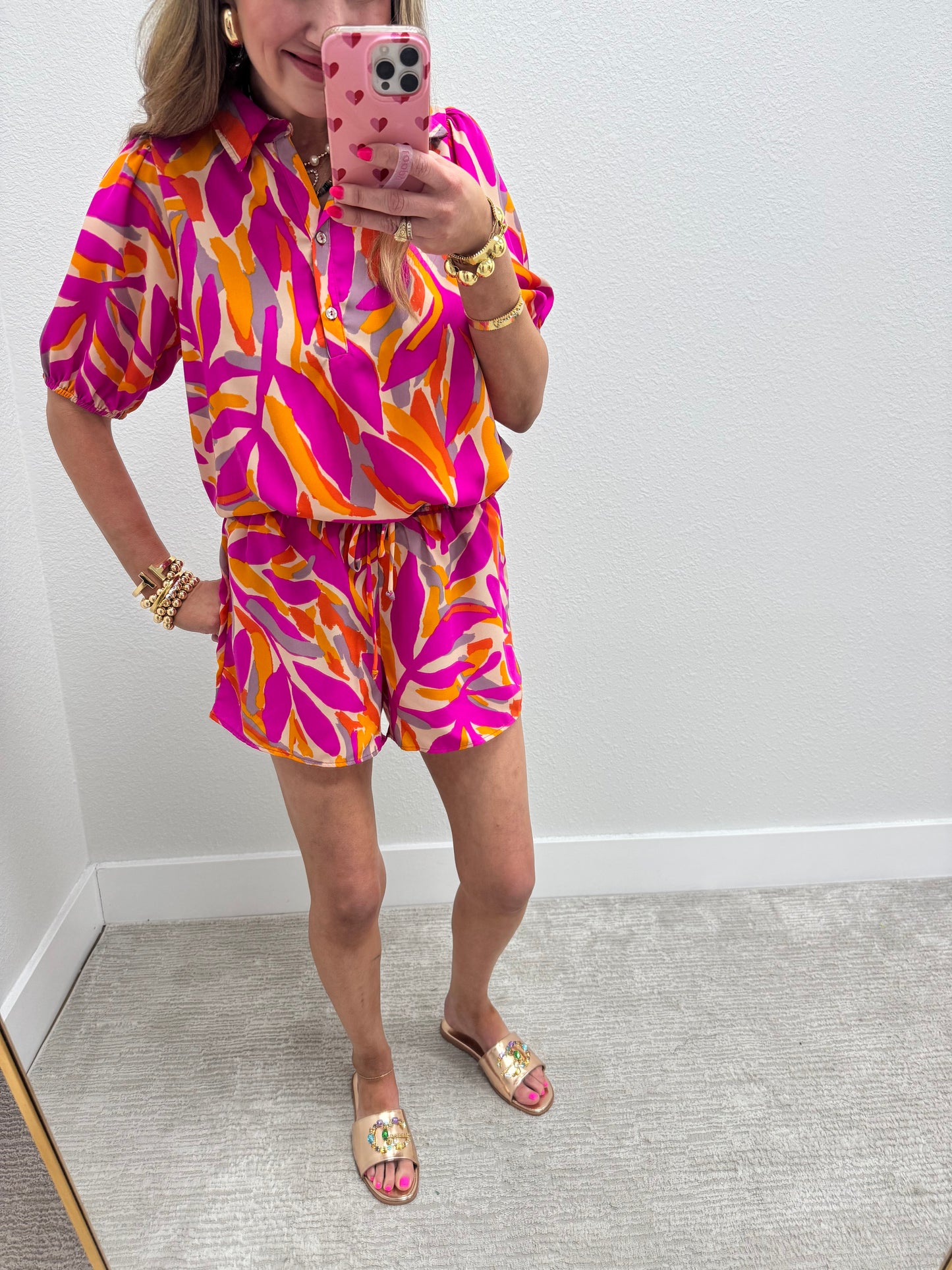 Pink and Orange Printed Two Piece Short Set