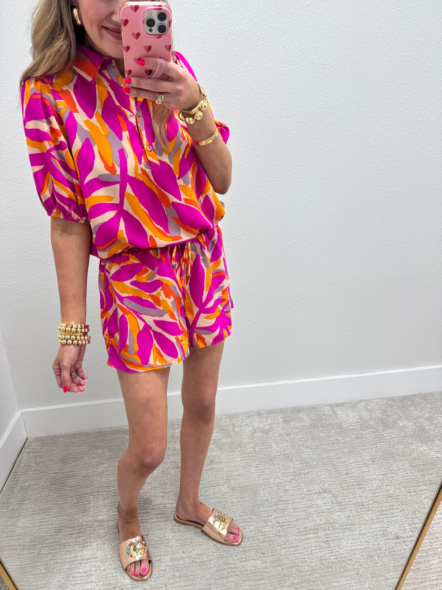 Pink and Orange Printed Two Piece Short Set