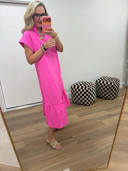 Hot Pink Ruffle Neck Cuff Sleeve Midi Dress