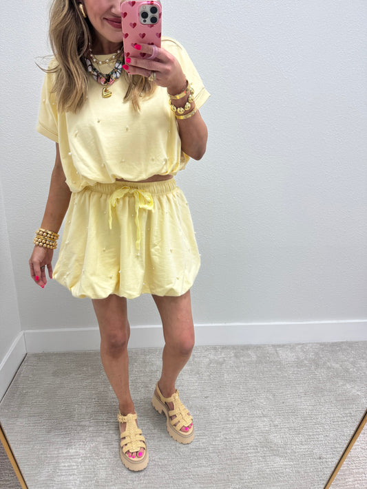 Pastel Yellow Pearl Two Piece Skirt Set