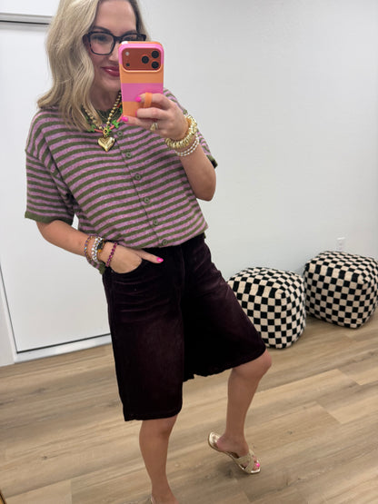 Plum Olive Striped Short Sleeve Sweater Cardigan