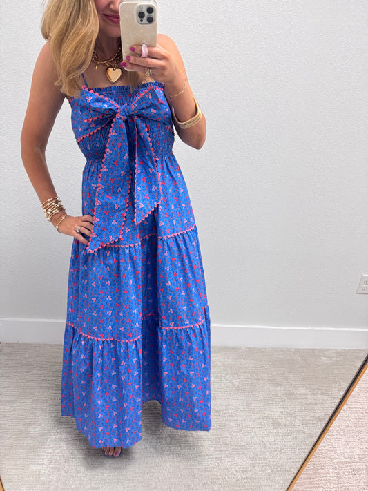 Blue Poplin Front Bow With Ric-Rac Trim Maxi Dress