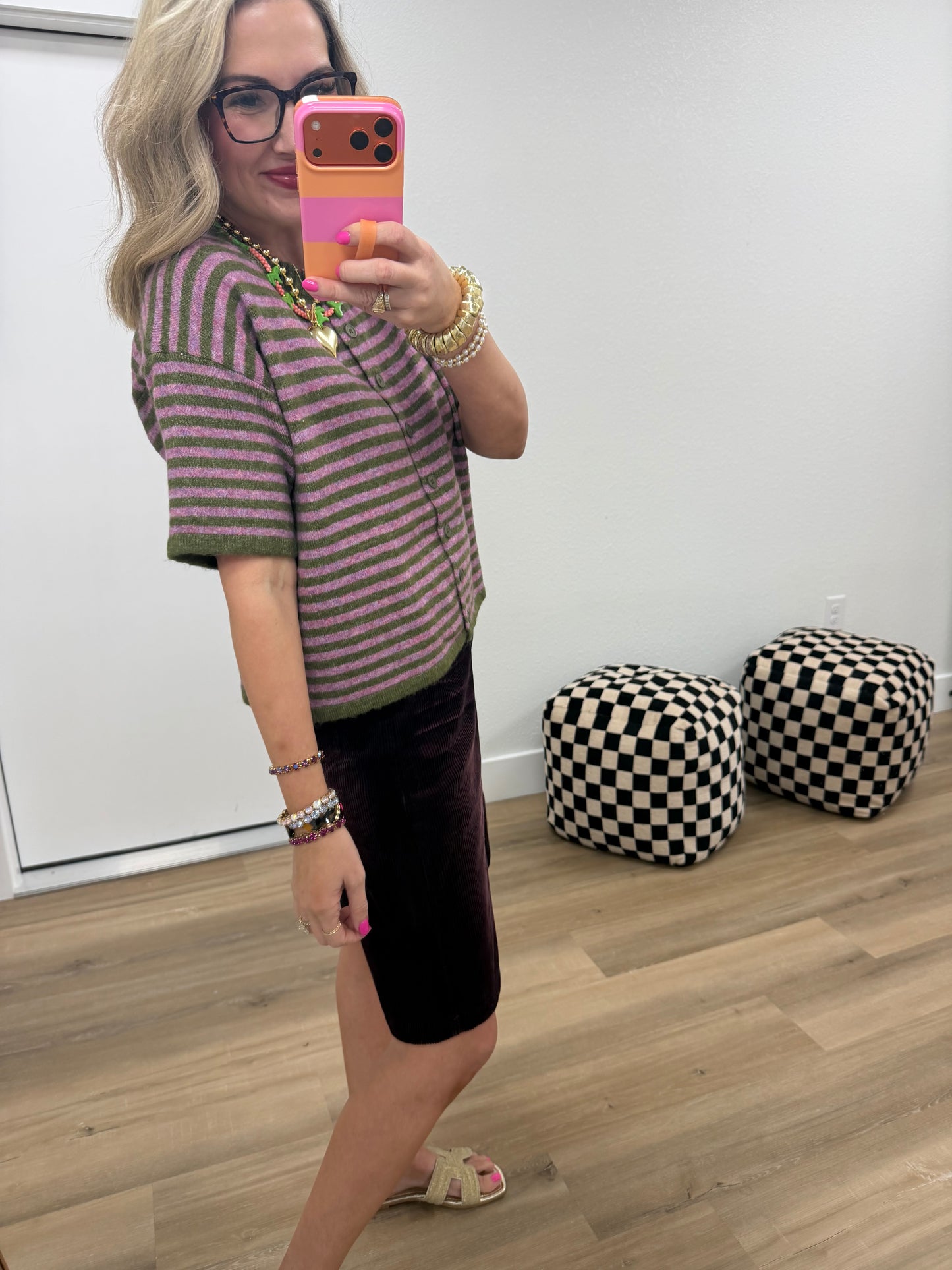 Plum Olive Striped Short Sleeve Sweater Cardigan