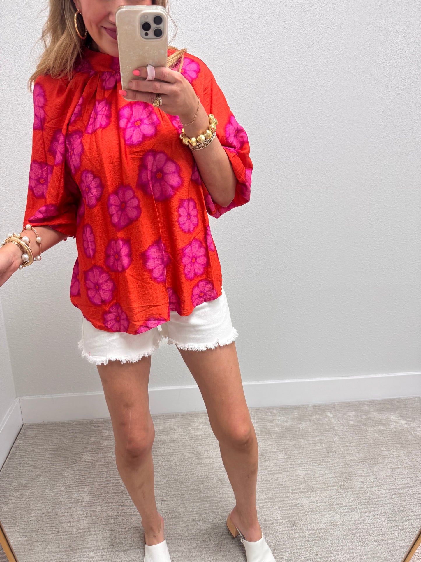 Orange & Pink Bubble Sleeve Printed Poly Top