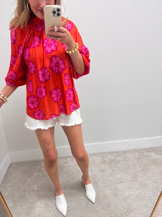 Orange & Pink Bubble Sleeve Printed Poly Top