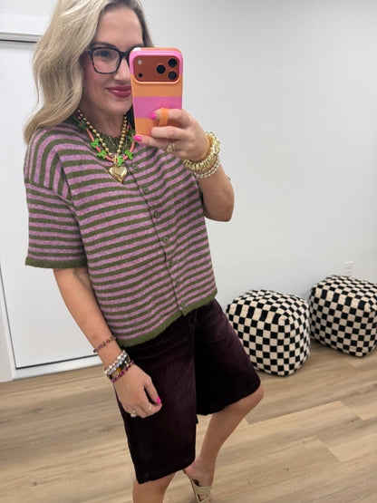 Plum Olive Striped Short Sleeve Sweater Cardigan