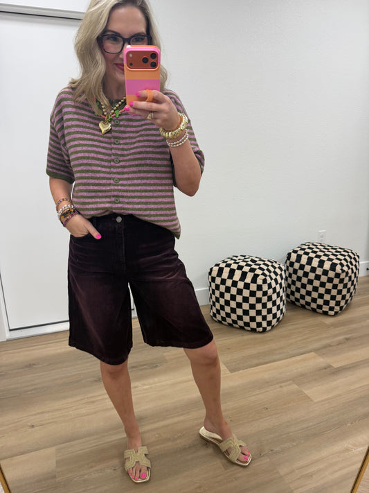 Plum Olive Striped Short Sleeve Sweater Cardigan