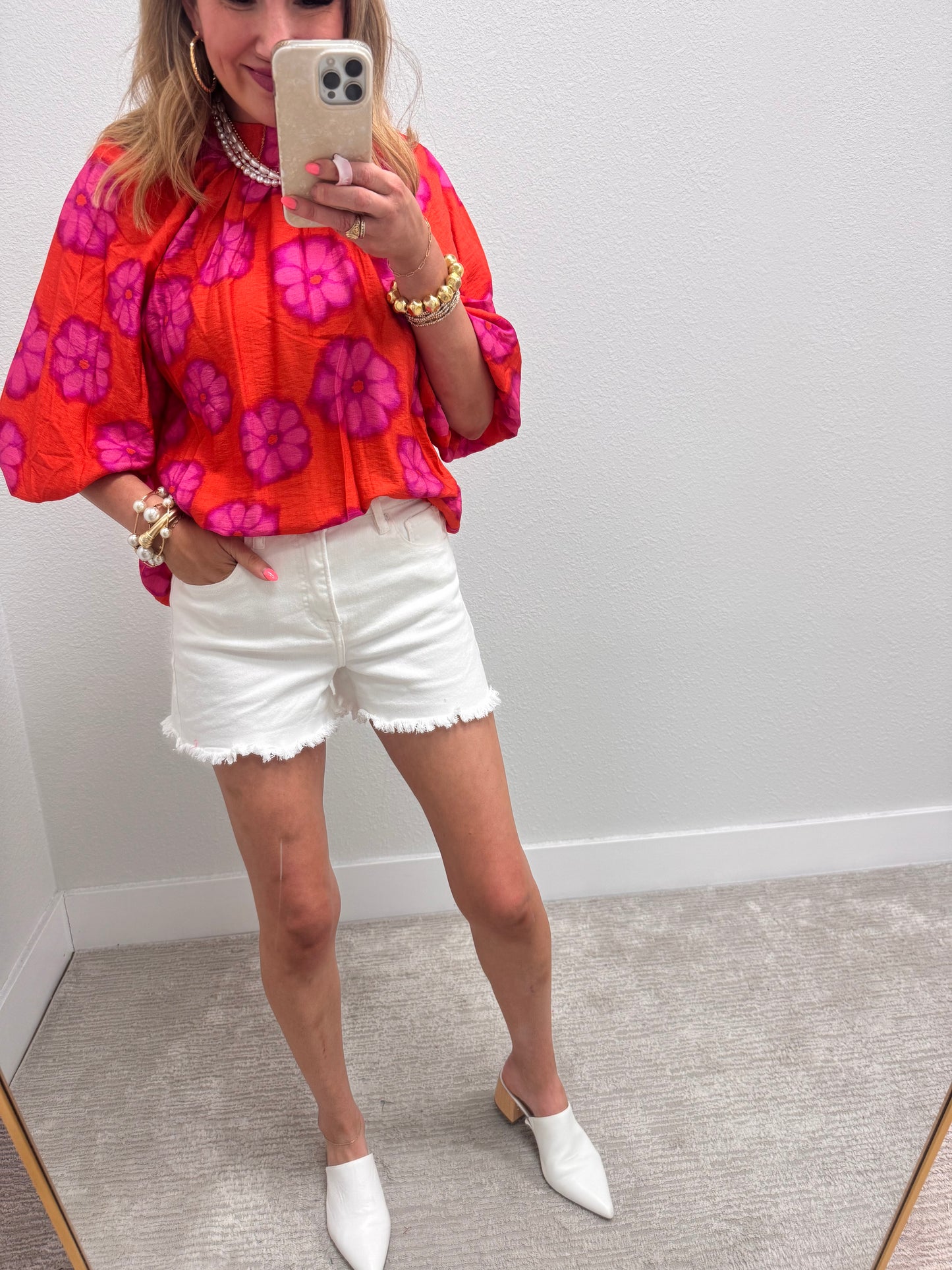 Orange & Pink Bubble Sleeve Printed Poly Top