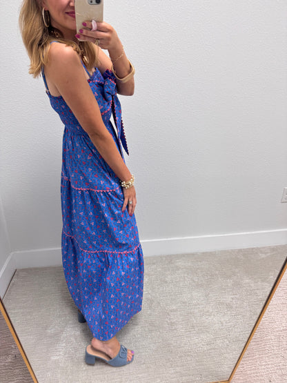 Blue Poplin Front Bow With Ric-Rac Trim Maxi Dress