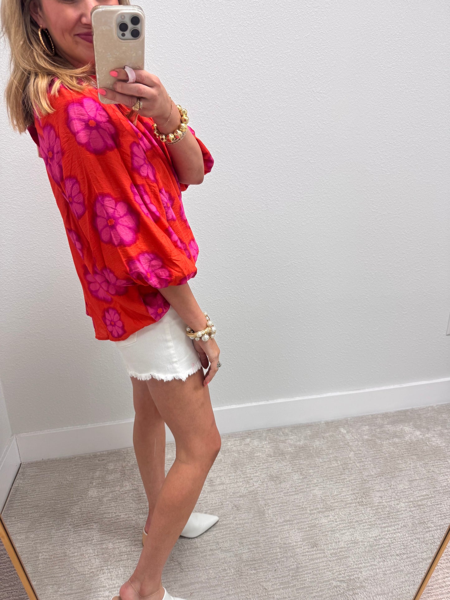 Orange & Pink Bubble Sleeve Printed Poly Top