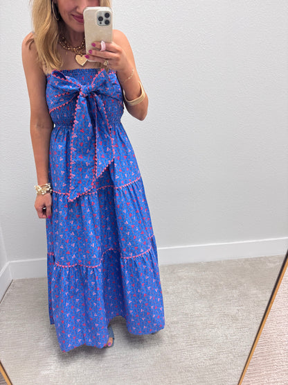 Blue Poplin Front Bow With Ric-Rac Trim Maxi Dress