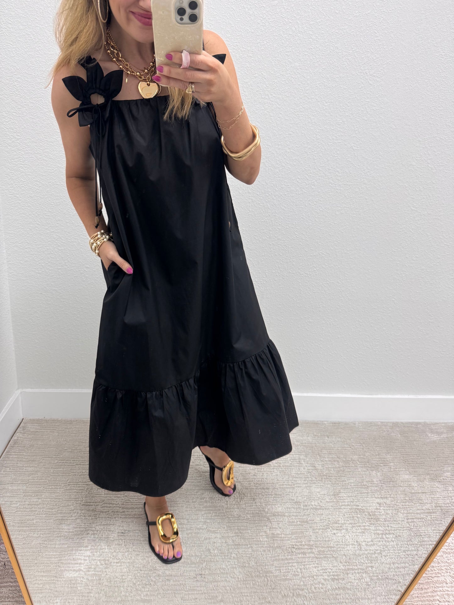 Black Midi Dress with 3D Flower Detail Straps